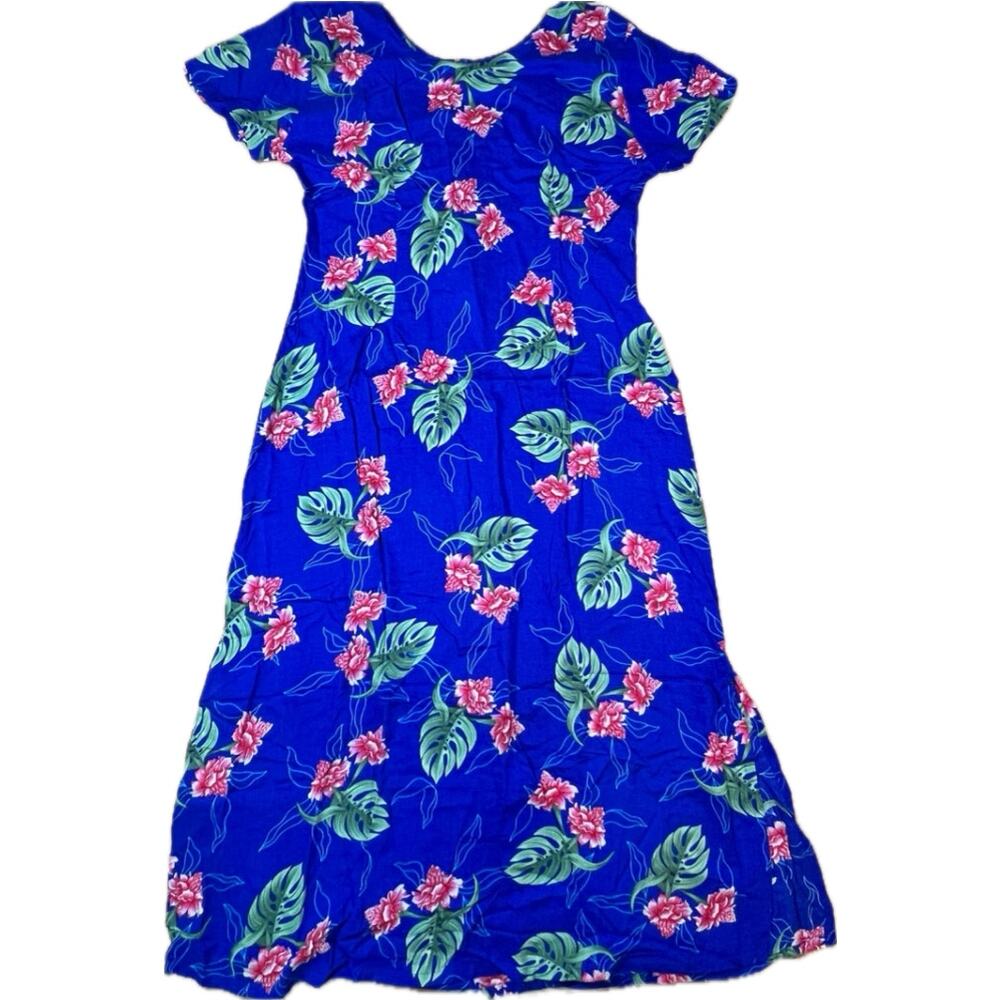 Mango Moon Women’s M Blue Tropical Pink Floral Rayon Dress Coastal Resort Summer